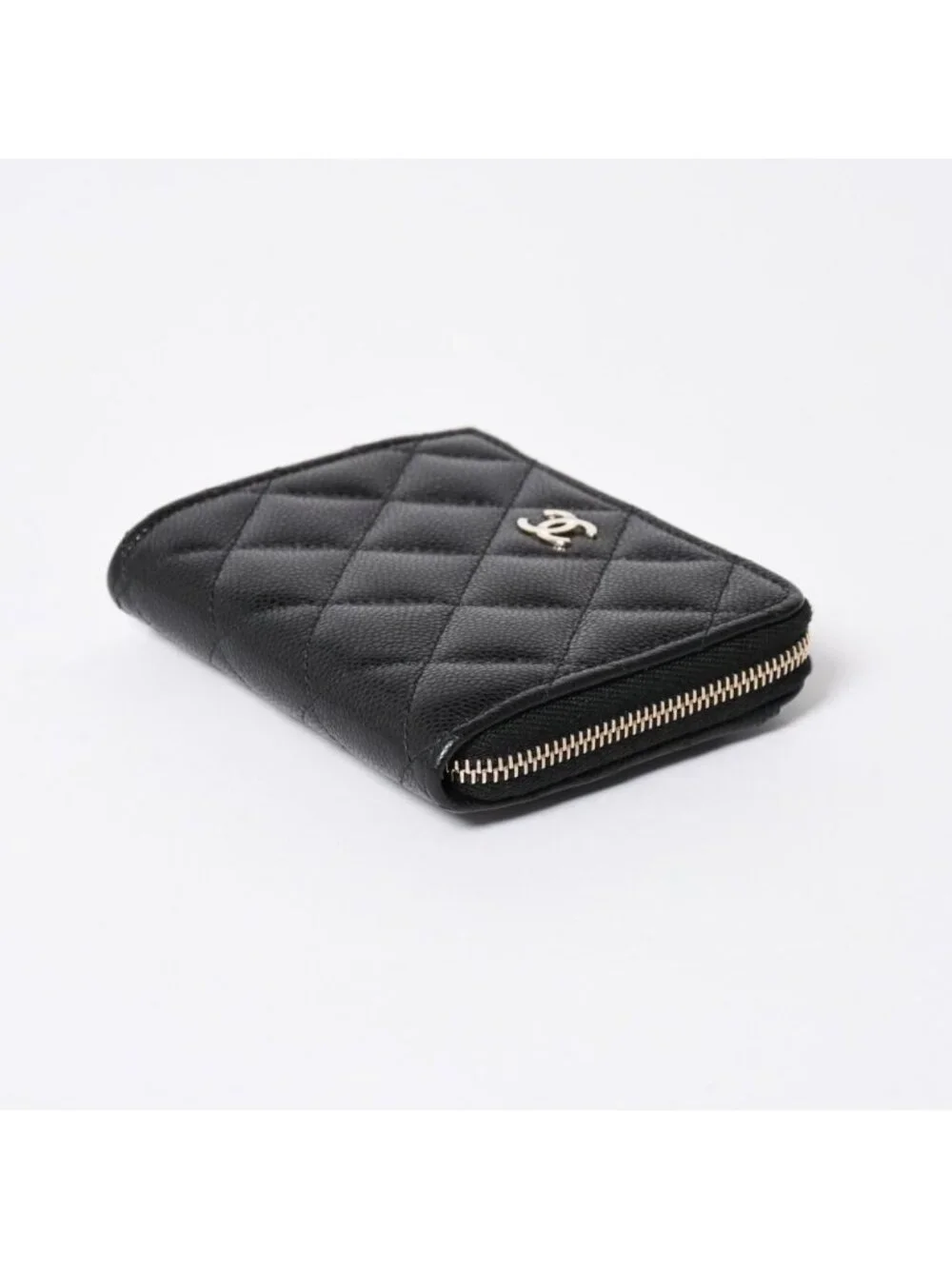 Chanel Quilted Compact Wallet Coin Purse Caviar Leather Black Gold